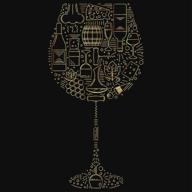 Set of wine objects in a shape of a wine glass Golden wine glass with collection of elements