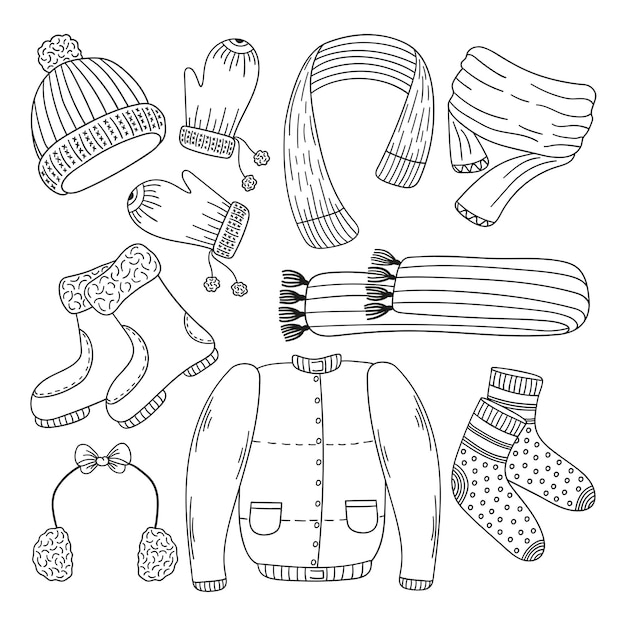 A set of winter and autumn clothing wardrobe items doodles