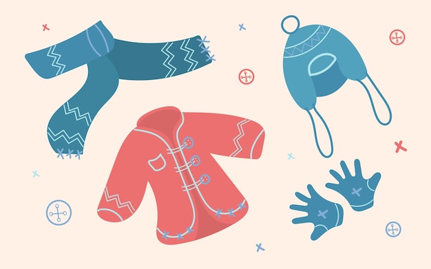 A set of winter clothes a jacket a hat a scarf gloves Isolated vector elements A set for various designs The upper woolen clothing is blue and red