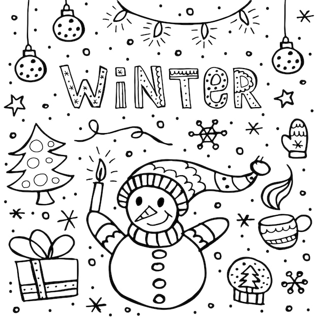 A set of winter elements in the doodle style. Hand-drawn illustration. Happy New Year 2022. Merry Christmas.