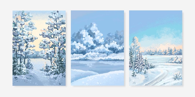 Set of winter landscape with snowdrifts and trees