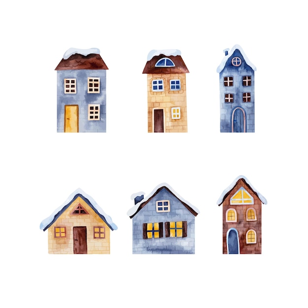 Set of winter scandinavian buildings. Watercolor holiday illustration, isolated design