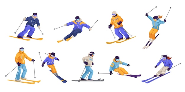 Vector set of winter skier in various position collection of sportsman doing extreme outdoor sport activity youth competition cartoon design isolated on white background vector illustration