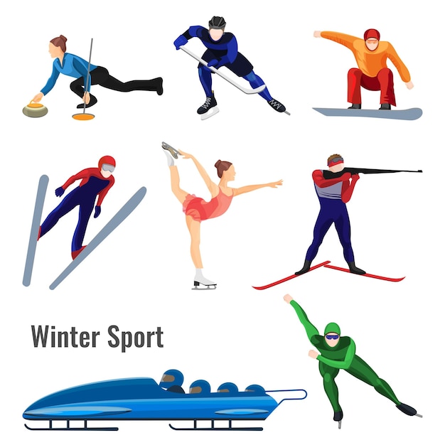 Set of winter sport activities vector illustration isolated on white. People skating, play hockey, shot from biathlon gun, bobsledding and skiing