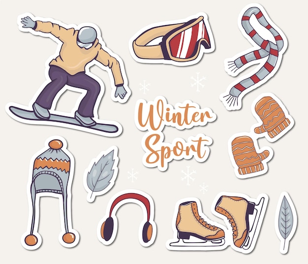 Set of winter sports stickers with man doing snowboarding