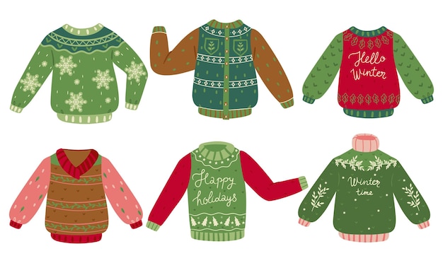 A set of winter sweaters with various inscriptions and ornaments isolated on a white background Vector graphics