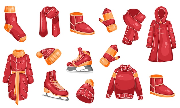 A set of winter things. Collection of warm clothes. Cartoon style. Vector illustration.