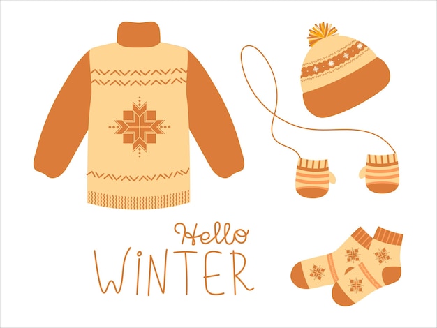 Set of winter warm clothes with handwritten text Vector illustration for stickers design decoration