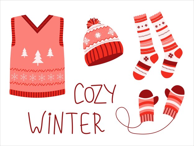 Set of winter warm clothes with handwritten text Vector illustration for stickers design decoration