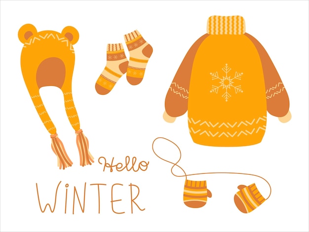 Set of winter warm clothes with handwritten text Vector illustration for stickers design decoration