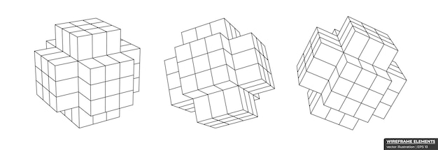 Set of wireframe cube from different sides Collection of lowpoly 3D polygonal shapes