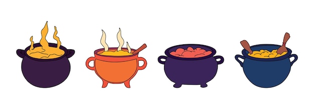 Set of witch cauldron isolated on white background Halloween cauldron colored outline Vector