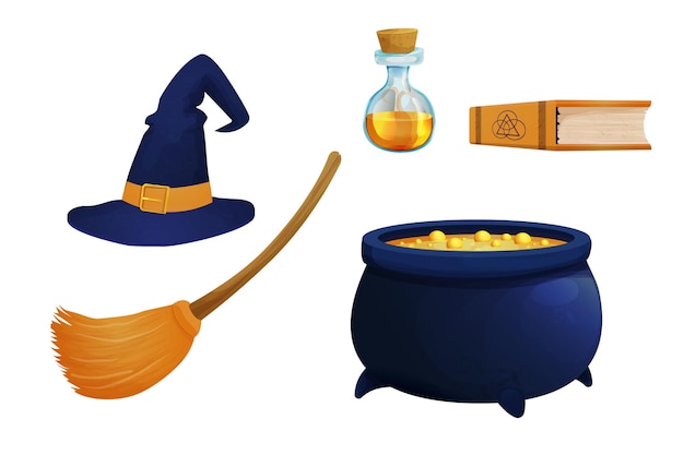 Set witch hat with broom caldron poison in bottle and book magic elements in cartoon style