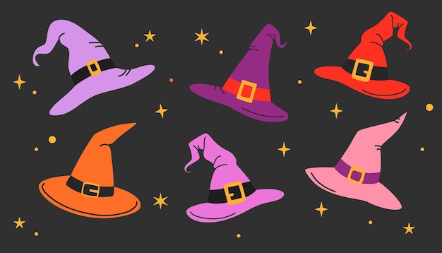 Vector set of witch hats halloween cute vector illustration in cartoon style