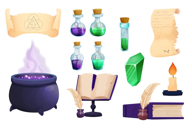 Set Witchcraft tools Magic Bottles with liquid potion witch cauldron parchment scroll with quill