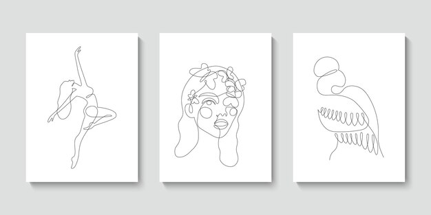 Set with 3 woman abstract one continuous line portrait Modern minimalist style illustration