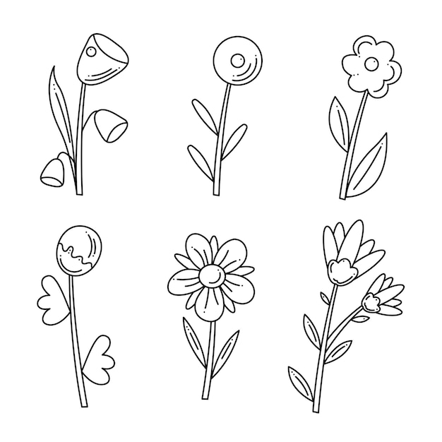 Set with 6 flowers doodle abstract Hand drawn outline vector illustration