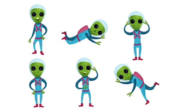 Vector set with aliens in spacesuits in different poses funny green humanoids in various comic positions vector illustration cartoon character isolated on white background