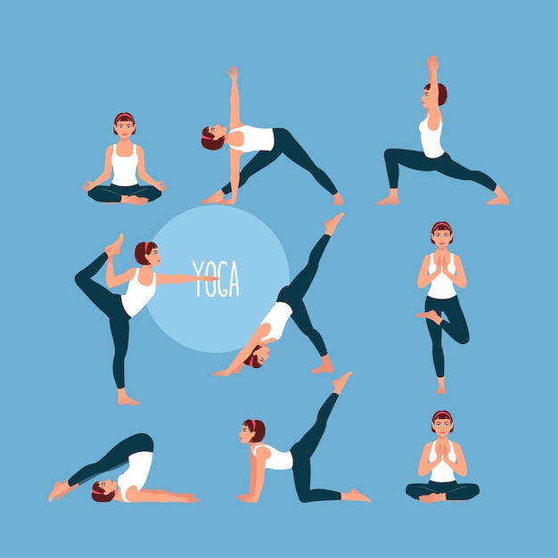 Vector set with beautiful woman exercising yoga. different yoga poses. 