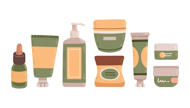 Set with beauty products. Skin, eyes, lips cosmetics and accessories. Flat graphic vector