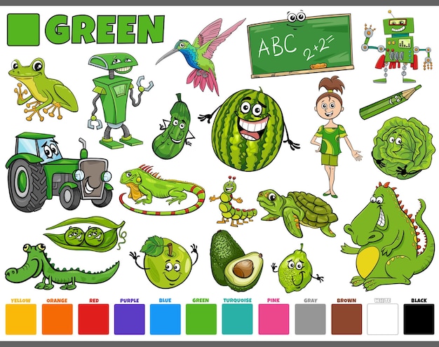 Set with cartoon characters and objects in green