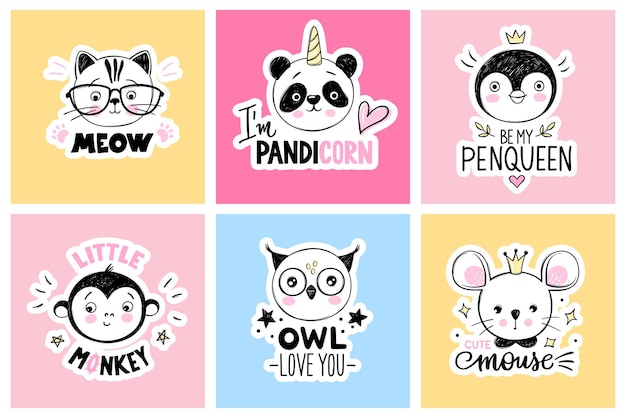 set with cartoon doodle animals  panda cat cat monkey owl mouse penguin Funny quotes