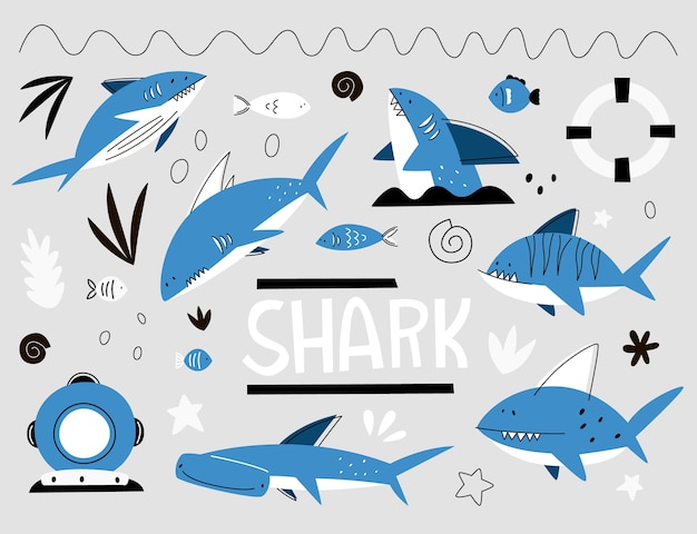 set with cartoon sharks. Different types of sharks, fish, lifebuoy, diving helmet.