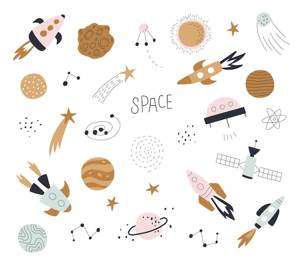 Set with comets rockets planets and stars Vector illustrations