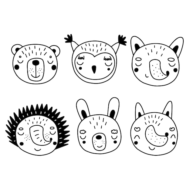 Set with cute animals in doodle style Vector illustration in black and white for textile decoration and nursery