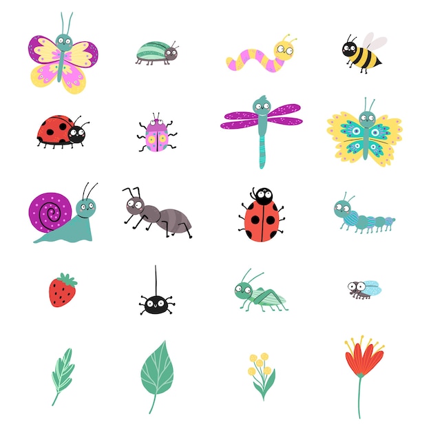 Set with cute insects isolated on white background. Ladybug, butterfly, snail, dragonfly, beetle, spider, caterpillar, worm, fly, bee, ant.