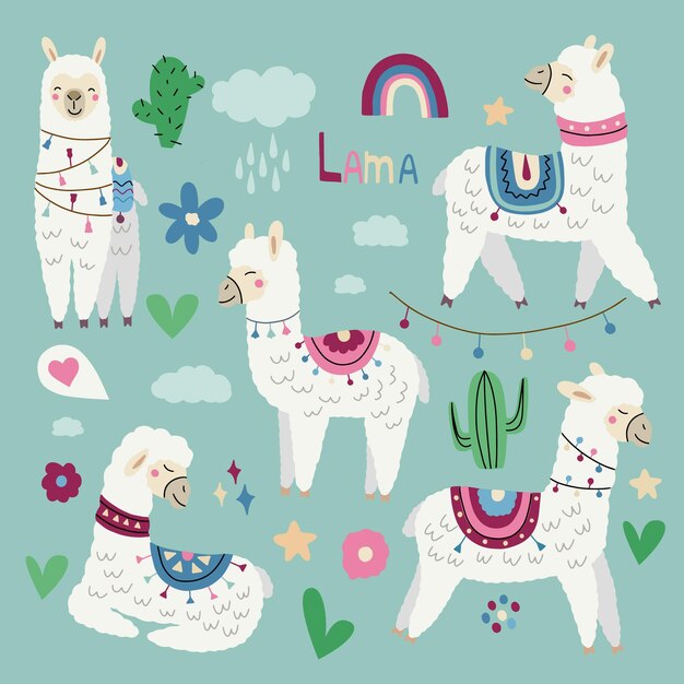 Vector set with cute lamas in different poses vector illustration for decorating nursery and textile