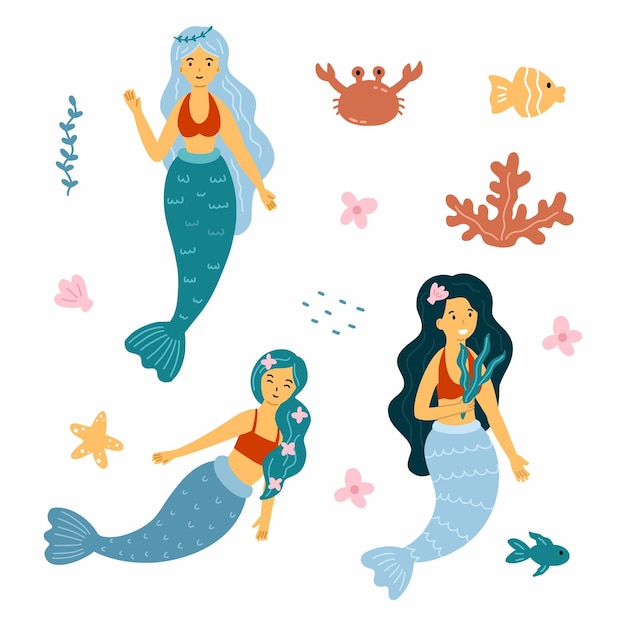 Set with cute mermaid and sea creatures Vector illustration of doodles Design baby postcard