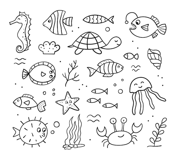 Set with cute sea animals. Doodle sketch. Ocean life. Vector linear illustration.