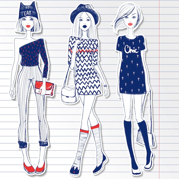 Set with cute vector girls. Sketch style girl in notebook paper.