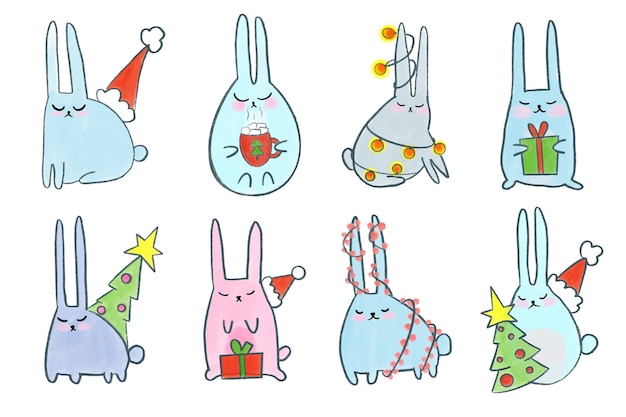 Set with cute watercolor bunnies for christmas and new year. Winter rabbits in festive decorations.