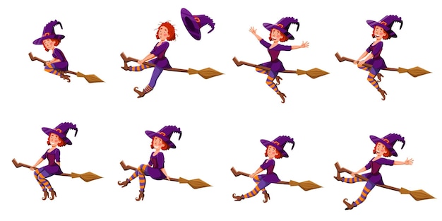 A set with cute witches on a broom in different poses