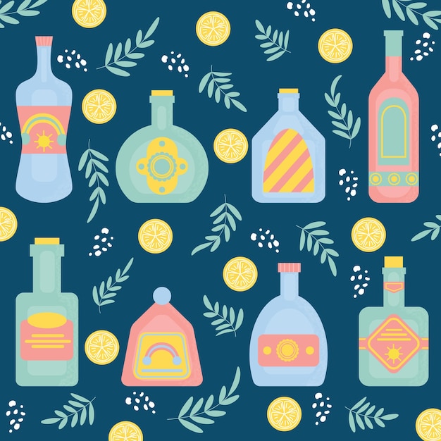 Set with different bottles of alcohol or another drinks Vector illustration