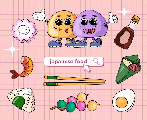 Set with elements of Japanese cuisine and traditional micas Drawn vector character mochi in a kawaii style on a pink pattern background Can be used to design menus or banners