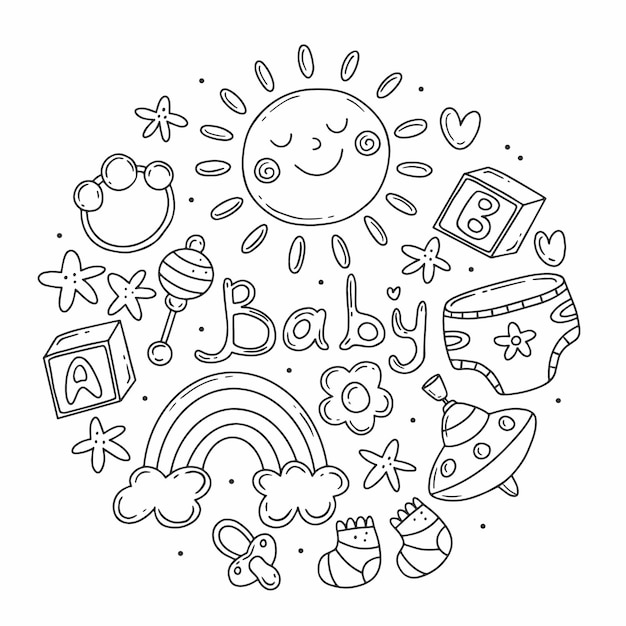 set with elements on the theme of the birth of a child in doodle style in the form of a circle