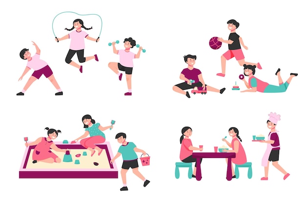 Set with four isolated kindergarten compositions with characters of kids playing in sandpit performing workout exercises vector illustration