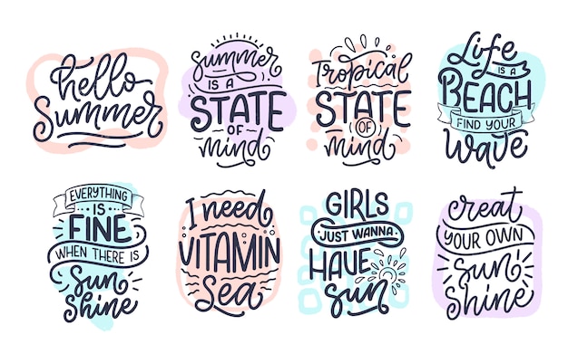 Set with hand drawn lettering compositions about Summer. Funny season slogans.