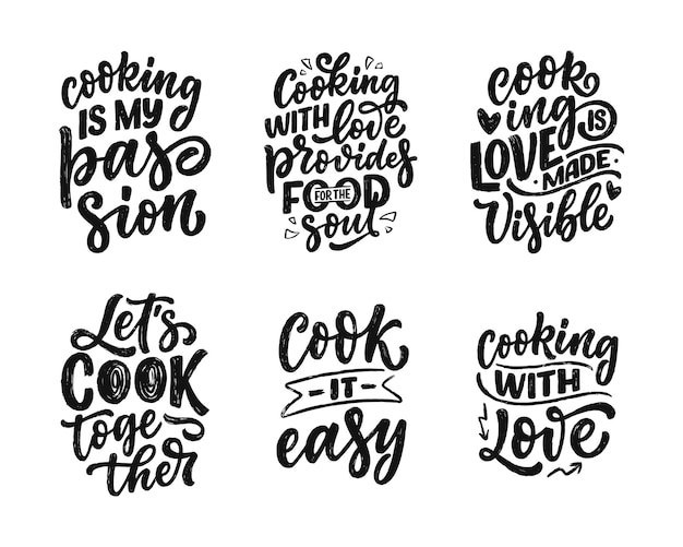 Set with hand drawn lettering quotes about cooking