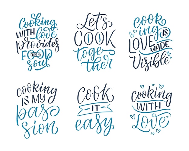 Vector set with hand drawn lettering quotes in modern calligraphy style about cooking. inspiration slogans for print and poster design. vector illustration