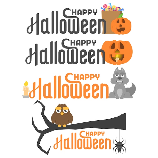 Set with happy halloween lettering and different characters