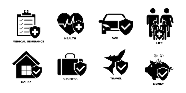 Set with insurance vector icons. Collection black icons with insurance. Medical shield.