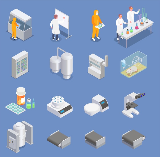 Set with isolated pharmaceutical production isometric icons with scientist characters with medical laboratory equipment and appliances vector illustration