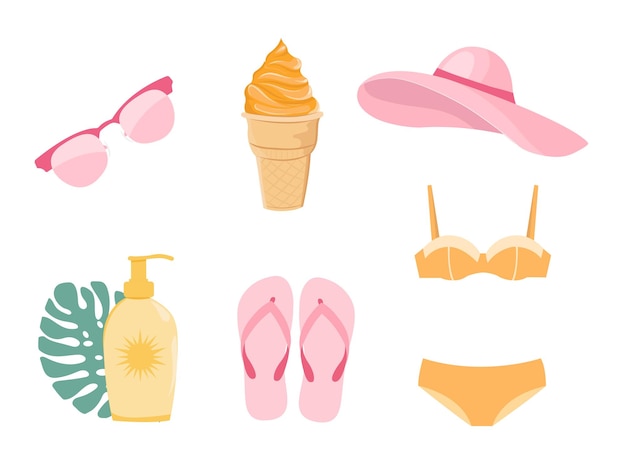 Set with items for the beach. Summer vector illustration.