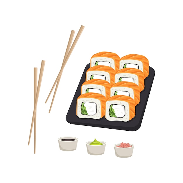 Set with japanese sushi dish rolls with salmon fish Delicious oriental traditional food on black tray with chopsticks ginger wasabi and soy sauce Vector flat food illustration