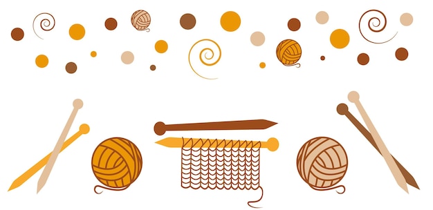 Set with knitting elements orange and brown Cosy yarn and knitting needles Vector illustration