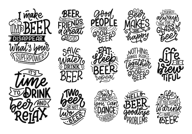 Set with lettering quotes about beer in vintage style.